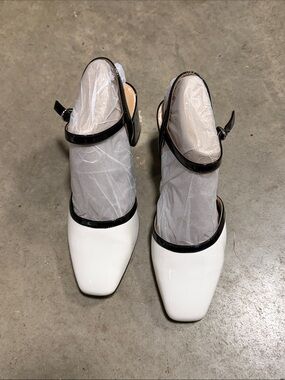 Naturalizer White and Black Square-Toe Ankle-Strap Pumps